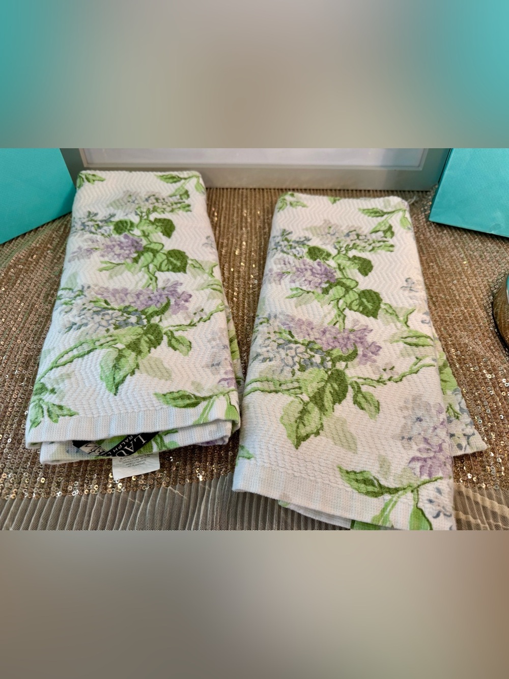 🌸H41 - Floral Lavender & Green Kitchen Towels - Set of 2💜💚💐🛍️
